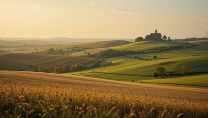 Lush Rolling Hills and Scenic Fields During Golden Hour Sunset