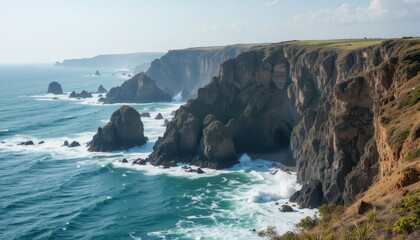 Obraz premium Stunning Coastal Scenic Beauty with Majestic Cliffs and Waves