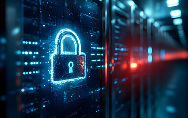 Digital padlock symbolizing cybersecurity and data protection in a high-tech server environment with glowing lights.