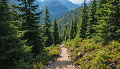 Scenic Nature Trail Through Lush Green Forest and Mountain Landscape