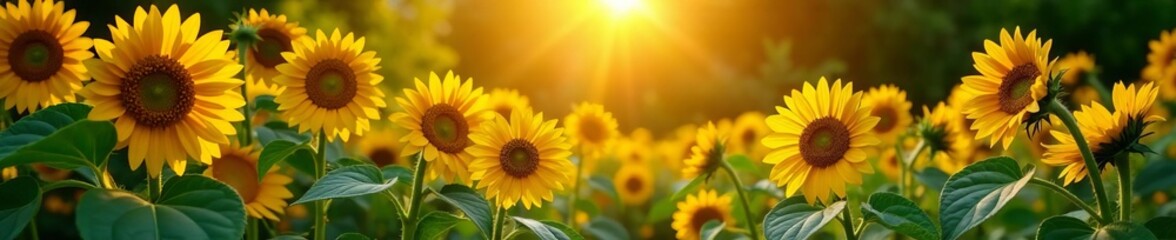 Obraz premium - Sunlit garden with blooming sunflowers and winding vines, sunflowers, garden