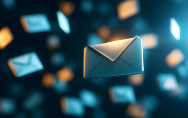 Floating email icons representing digital communication in a futuristic setting with glowing effects and blurred background.