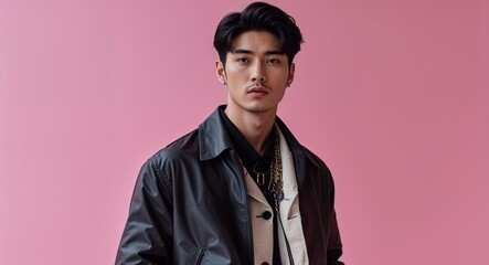 Fototapeta premium Asian guy in modern fashion clothing on pink bright plain background model pose photo