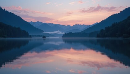 Fototapeta premium Serene Sunset Reflections Over Calm Mountain Lake Landscape