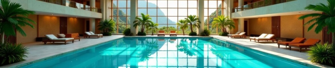 Aerial view of a large indoor swimming pool with glass roof and elegant design, pool, water