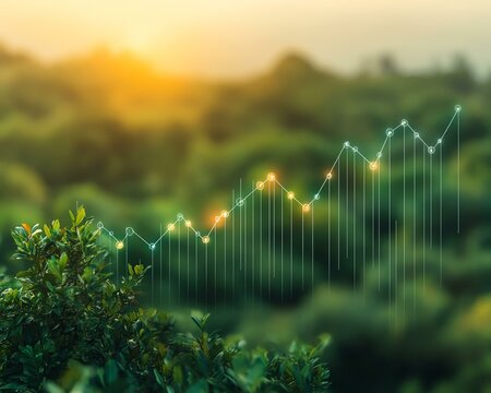 A growing data graph overlaying a lush green landscape, symbolizing progress and environmental awareness. Business life concept