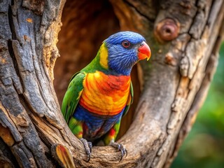 Rainbow Lorikeet Peeking from Eucalyptus Tree Hollow - Australian Wildlife Stock Photo