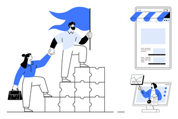 Two people climbing puzzle blocks toward a flag, symbolizing teamwork and leadership. Depictions of an online store and virtual meeting showcase digital collaboration. Ideal for teamwork, leadership