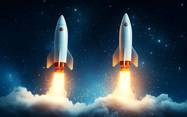Obraz premium Two rockets launch into the night sky, symbolizing innovation and exploration in space travel with flames and smoke illuminating the scene.
