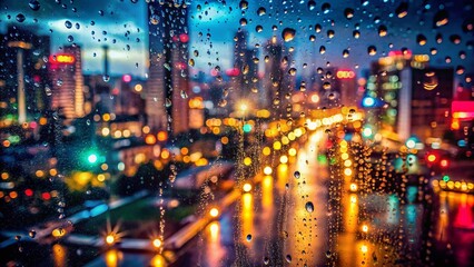 Fototapeta premium Rainy Night Cityscape Tilt-Shift Photo - Moody Urban View Through Rain-Streaked Window