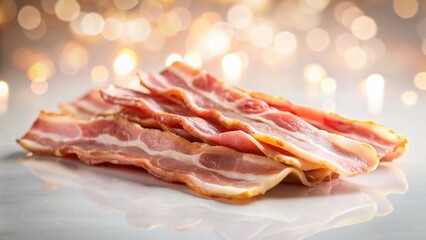 Obraz premium Raw Bacon Slices, Isolated on White, Bokeh Background, Clipping Path - High-Resolution Stock Photo
