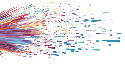 The image is a digital illustration featuring a burst of multicolored lines radiating outwards from a central point. The lines are various shades of red, orange, yellow, blue, and purple, varying