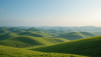 Fototapeta premium Vast Rolling Green Hills Under a Clear Blue Sky at Dusk