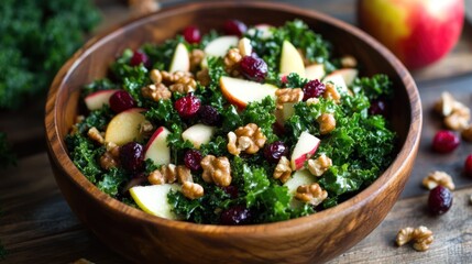 Delicious and healthy kale salad with apples, walnuts, and cranberries in bowl