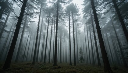 Fototapeta premium Misty Forest Landscape with Tall Trees and Dense Fog Atmosphere