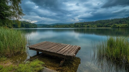 Serene lake dock, storm clouds, calm water, nature