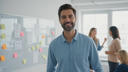 Smiling businessman in a modern office setting with brainstorming sticky notes on a whiteboard and colleagues in the background.