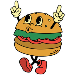Burger Groovy Illustration. Isolated on White Background. Vector Cartoon Character.