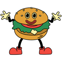 Burger Groovy Illustration. Isolated on White Background. Vector Cartoon Character.