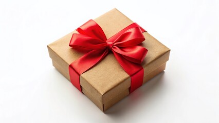 Fototapeta premium Red Bow Cardboard Gift Box, Holiday Present Packaging, Flat Lay, White Background