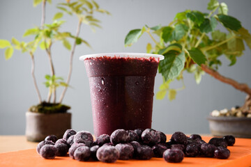 Healthy blueberry smoothie in a glass with fresh blueberries.
