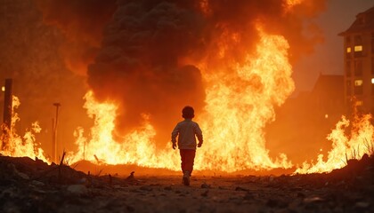 A lone boy walks towards intense fire with black smoke. Burning building on background. Dramatic scenery with dark surreal atmosphere, conceptual illustration of inferno after war disaster.