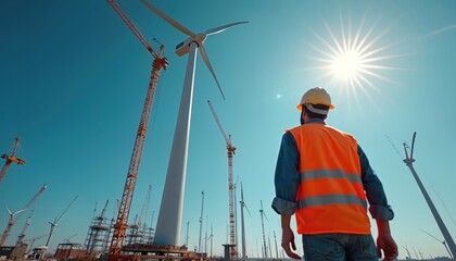 Construction of tall wind turbine tower with multiple cranes. Men assemble components, renewable energy power tech equipment. Engineer in hard hat oversees industrial infrastructure, windmills under