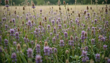 Fototapeta premium Vibrant Meadow Filled with Purple Wildflowers and Green Grass