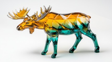 Obraz premium Low poly moose sculpture in amber and teal gradient, standing on a white background. The artistic rendering is detailed, showcasing a unique,faceted design.