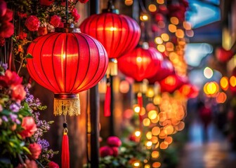 Red Floral Lantern Celebration Background - Festive Asian Decor Stock Photo