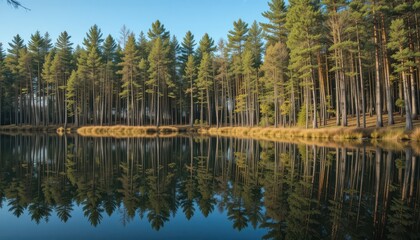 Serene Forest Lakeside Reflection with Lush Trees in Morning Light