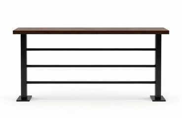 Modern railing with wooden top, straight black metal balusters. Minimalist design, stainless steel guardrail. Architecture element for interior design, home safety, staircase, balcony, patio.