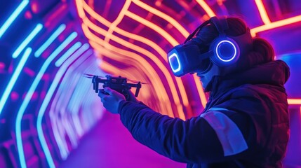 Futuristic drone pilot immersed in virtual reality neon-lit environment