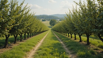 Naklejka premium Serene Pathway Through Lush Tree Rows On Summer Day in Nature