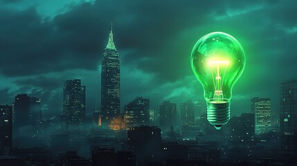 Futuristic City Skyline with Renewable Energy Conceptual Light Bulb