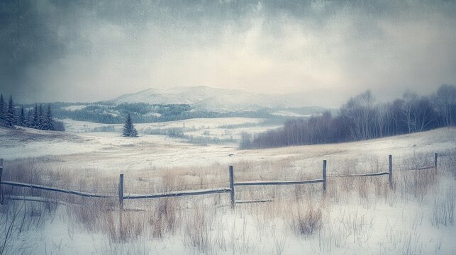 Snowy field, winter landscape, fence, hills