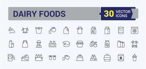 Dairy Products modern icon set. Dairy Foods minimalist icons collection. Dairy goods linear icons. Food modern icon. Conceptual pictogram and infographic.
