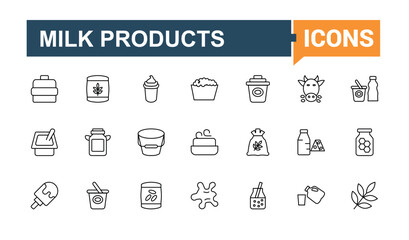 Dairy Products modern icon set. Dairy Foods minimalist icons collection. Dairy goods linear icons. Food modern icon. Conceptual pictogram and infographic.