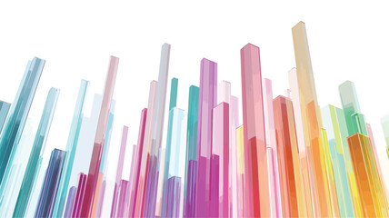 The image presents a collection of translucent, prismatic pillars of varying heights and widths. The pillars are arranged in a seemingly random yet visually balanced composition against a stark