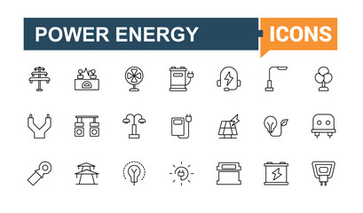 Energy and Power icon. Includes thin line save, green, ecology, electric, efficiency and more. Icons for UI design. Electricity icon set. Vector artwork and illustration.