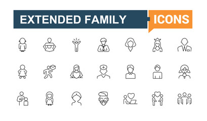 Set of Family Member line icon. Pack of man, person, family member, couple, people and more. Perfect for logos and infographic. Human simple icon. Editable vector art.