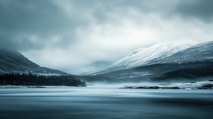 Snowy mountain lake, winter mist, Scotland, landscape
