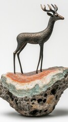 Obraz premium Bronze deer sculpture standing on a multicolored agate stone, isolated on a white background. The deer is detailed with textured fur and antlers.