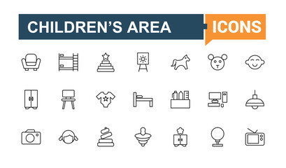 Children Room icon set. Featuring room, child, interior, baby girl, baby, chair, toy and more. Minimalist icons. Child's Space linear icon collection. Pixel perfect. Vector collections.
