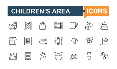 Children Room icon set. Featuring room, child, interior, baby girl, baby, chair, toy and more. Minimalist icons. Child's Space linear icon collection. Pixel perfect. Vector collections.