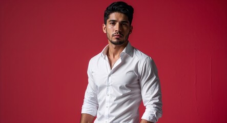 Fototapeta premium Hispanic guy in white shirt on red bright plain background model pose photo