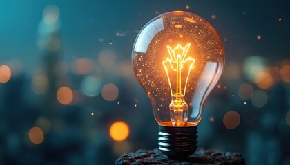 Glowing light bulb on blurred city backdrop represents future energy innovation, sustainable solutions. Collaboration between industries, academe, governments empowers progress. Partnership for