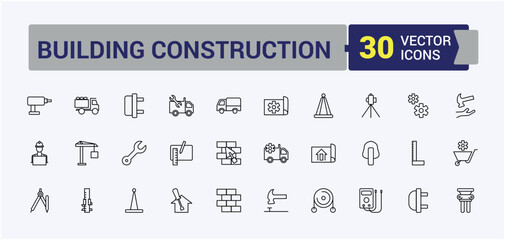 Set of Construction Tools line icon. Pack of build, tool, equipment, work, house and more. Thin linear style icons. Building Construction simple icon. Vector artwork and illustration.