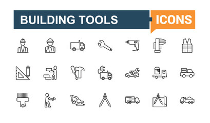 Set of Construction Tools line icon. Pack of build, tool, equipment, work, house and more. Thin linear style icons. Building Construction simple icon. Vector artwork and illustration.