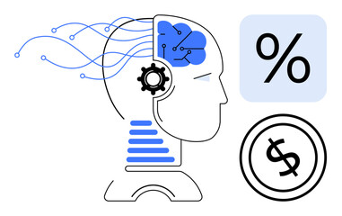 Head silhouette with digital brain, circuits, gear, percentage, and dollar symbols. Ideal for technology, AI, data analysis innovation economy fintech problem solving. Flat simple metaphor